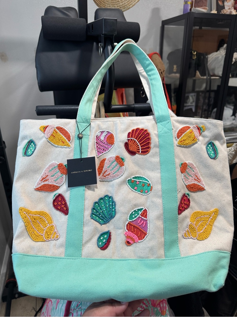 America and beyond beaded shell tote